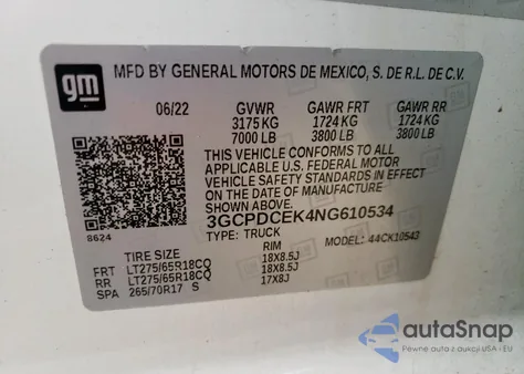 2022 Chevrolet Silverado K1500 Trail Boss Custom z USA, uszkodzony, nr VIN 3GCPDCEK4NG610534